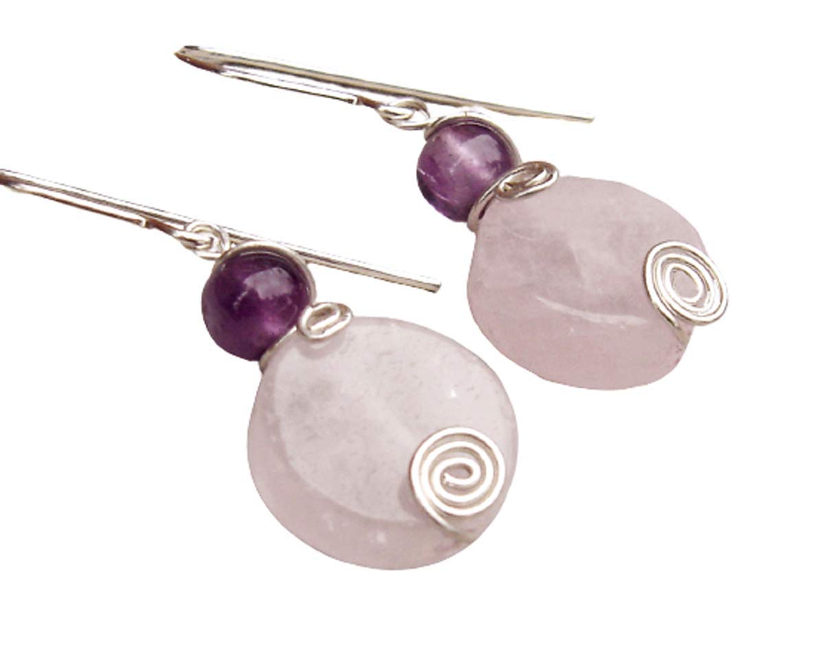 HandmadeSmall Rose Quartz and Amethyst Stone Sterling Silver Dangle Earrings, Pale Pink Jewelry Made in USA