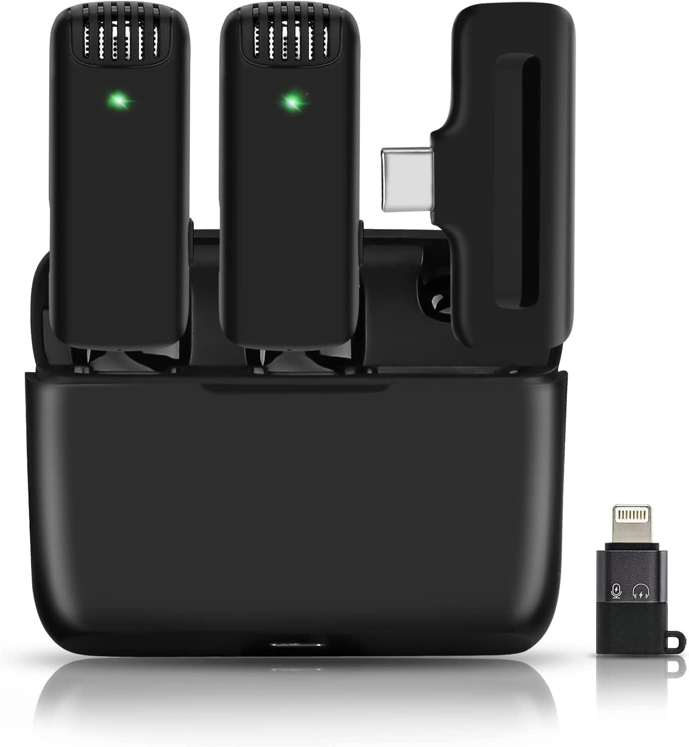 SKYCELL Microfono wireless J13, risvolto con riduzione del rumore con custodia di ricarica, wireless a doppio canale per YouTube, registrazione video, Facebook, compatibile con Type-C e iPhone