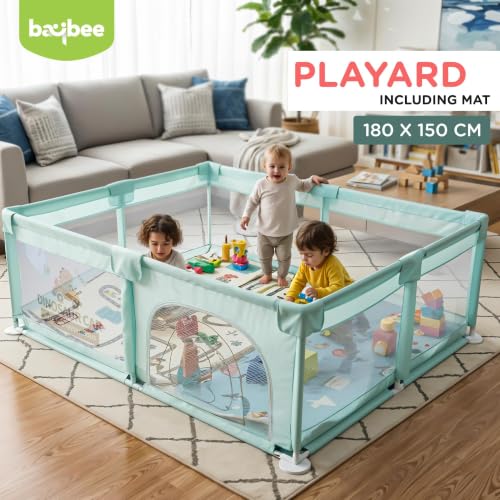 Image of Baybee 180 x 150 Cm Kids Playpen for Babies with Play mat | Baby Play Area Indoor Setup with Zipper Door | Kids Activity Floor Mat Playards | Outdoor Play Pen for Baby 0-5 Years (Green)