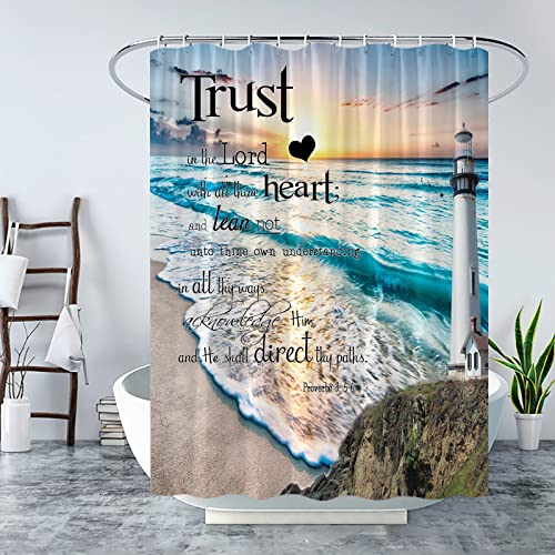 Inspirational Quote Shower Curtain Trust in The Lord with All Thine Heart Motivational Words Ocean Lighthouse Beach Nautical Coastal Scenery Fabric Bath Curtain with Hook - Image 2