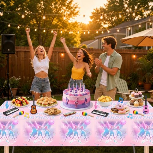 Image of 3 PCS Pink Disposable Music Party Tablecloth, Plastic Magical Music Themed Disposable Plastic Table Covers, 108 inchx54 inch