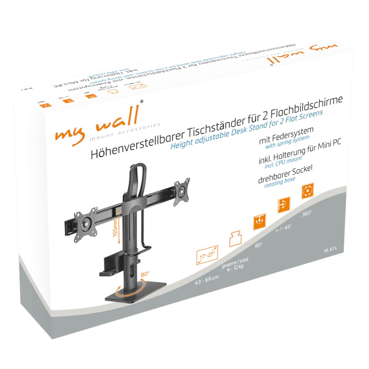 myWall Höhenverstellbarer Tischständer für 2 Flachbildschirme 17" - 27", Belastung 2-6 kg (Pro Bildschirm), VESA