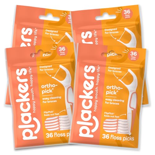 Plackers OrthoPick® Floss Picks Designed for Braces, Tuffloss® Made Without PTFE, FlipPick® Clean Between Brackets, 36 Count (4 Pack)