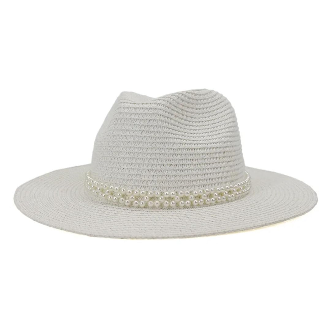 Sombrero de Paja Estilo Trilby de ala Ancha para Playa, Estilo Perla, para Mujer, Estilo Jazz (Blanco, 7 1/8)