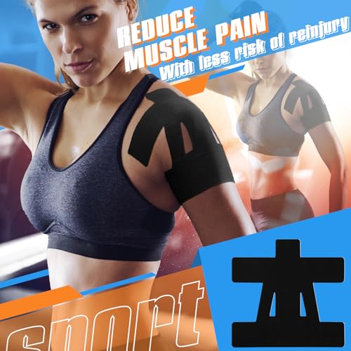 Image of 20 Count Kinesiology Tape for Shoulder Pain Relief Pre Cut Sports Waterproof Breathable Enhance Elastic Kinesiology Athletic Tape for Shoulder Support and Muscle Baseball Sports(Black)