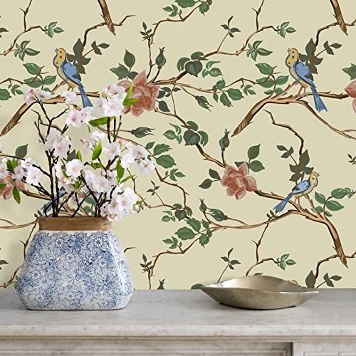 Varypaper 17.7''X78.7'' Beige Oriental Floral Wallpaper Vintage Birds Branches Floral Peel And Stick Wallpaper Floral Contact Paper Self Adhesive Removable Wallpaper For Bedroom Bathroom Walls Shelves #TOP4