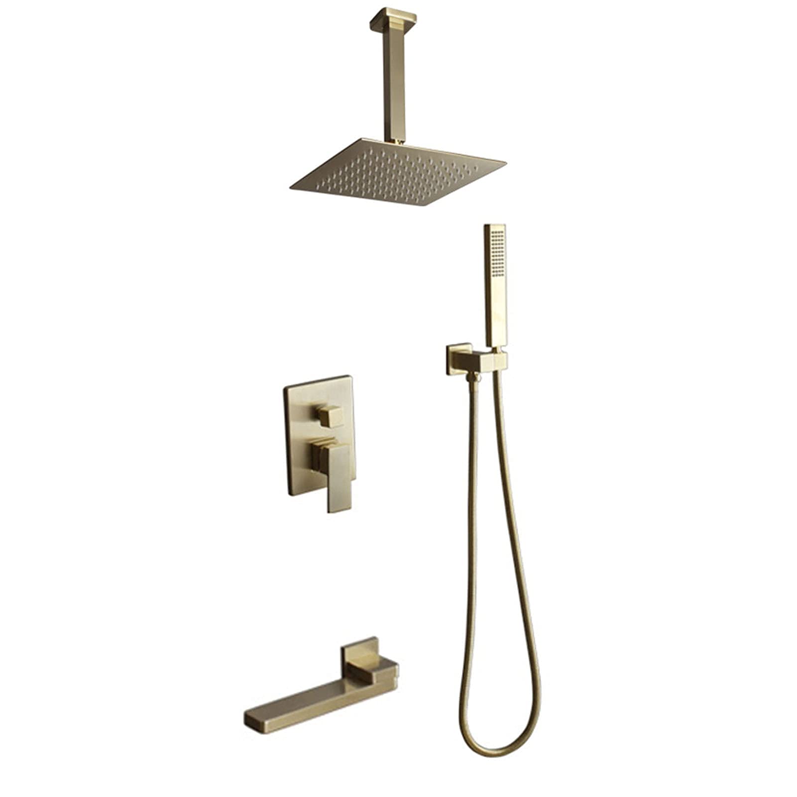 AYCDL Shower System with Tub Spout Brushed Gold, 10Inch Rainfall Shower Head with Handheld Shower, Brass Shower Faucet Set, Bath Shower Mixer Tap,Ceiling Mounted,Ceil,Ceiling Mounted