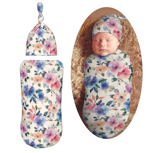 Image of Vintage Pink Blue Watercolor Floral Swaddle Blanket with Beanie Hat Set Newborn Swaddle Wrap Soft Baby Receiving Blankets Baby Swaddle Blanket for Baby Boys and Girls