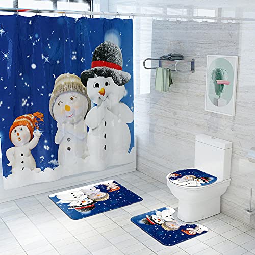 Claean-Acces-Home Wc Deckelbezug 4 Sätze Von Weihnachten Schneemann 3D Digitaldruck wasserdichte Bad Vorhang Badezimmer… – Bild 3