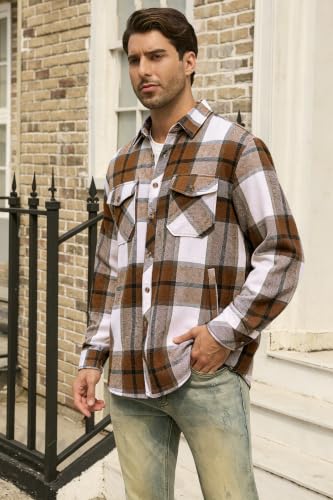 Image of Cromoncent Mens Boys Thick Flannel Shirt Long Sleeve Shirt Jacket Casual Button Down Multi Pockets Shacket