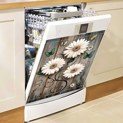 Image of Rustic Daisy Dishwasher Magnet Cover, 23x26 in Floral Butterfly Dishwasher Magnet Covers for Kitchen Decor Summer Farmhouse Dish Washer Sticker Fridge Panel Decal for All Seasons
