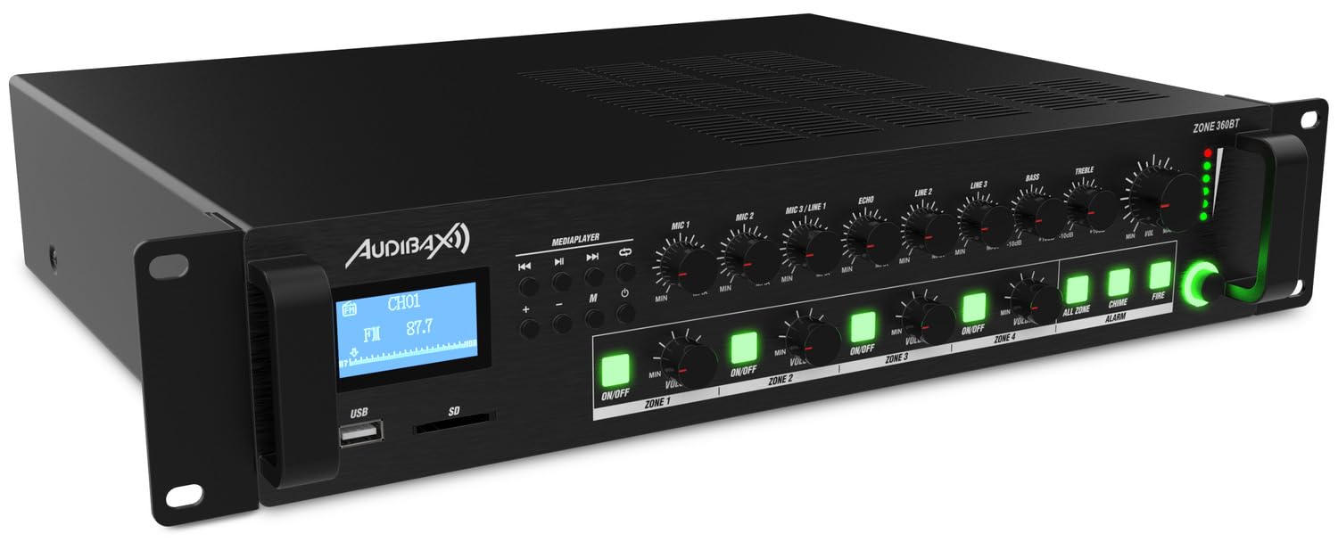 Audibax Zone 360BT - Amplificatore Audio per Più Zone - Potenza in Uscita 360W - Ingressi Cavo Multipli - Mixer Audio con Connessione Bluetooth, USB e SD - Alimentazione Phantom