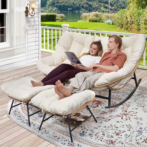 RADIATA Double Egg Rocking Chair with Ottomans, 700 Lbs Heavy Duty Papasan Lounger Chairs with Comfy Cushion and Footrest, 2 Person Indoor Outdoor Rocker Loveseat for Patio Balcony Backyard, Beige