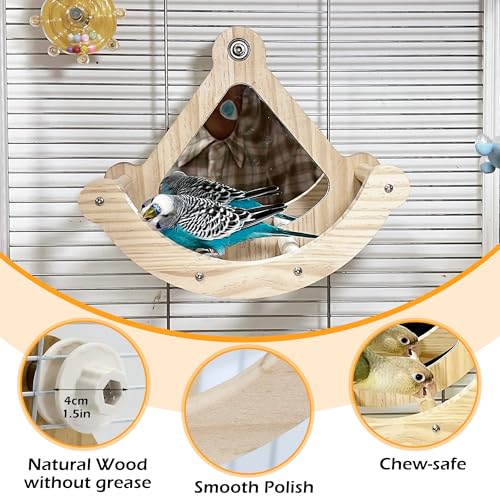 Image of Rocking Bird Perch Toy with Mirror for Cage, Enrichment Parakeet Toys | Wood Exercise Wheel Cockatiel Toys, Birds Enrichment Toy for Parrot, Interactive Cage Accessories Perch for Budgie Conure