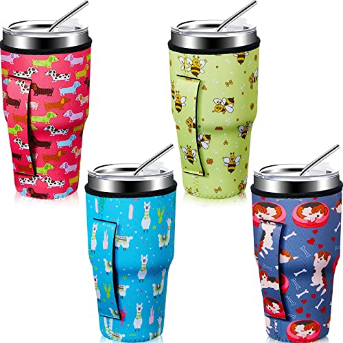 4 Pieces Patelai Reusable Iced Coffee Sleeve Neoprene Insulated Thermocoolers Cup Cover Holders Christmas Drinks Sleeve Holder for 30-32 oz Cold Hot Beverages, 4 Styles