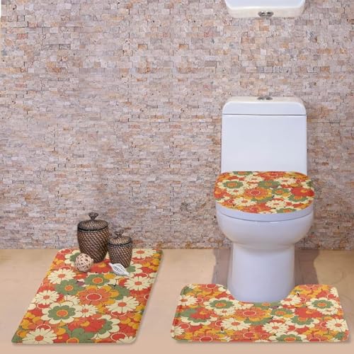 Coloranimal Colorful Abstract Hippy Daisy Flower Bath Rug 3 Piece Set Y2K Aesthetic Groovy 60s 70s Floral Pattern Bathroom Mats + U-Shaped Toilet Pedestal Rug + Toilet Lid Cover Non slip Carpets