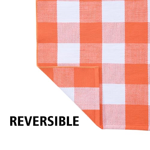 Fall Plaid Rug 28" x 43", Orange and White Buffalo Check Front Porch Outdoor Layered Doormat, Cotton Hand-Woven Washable Rug for Halloween Thanksgiving Autumn Decor