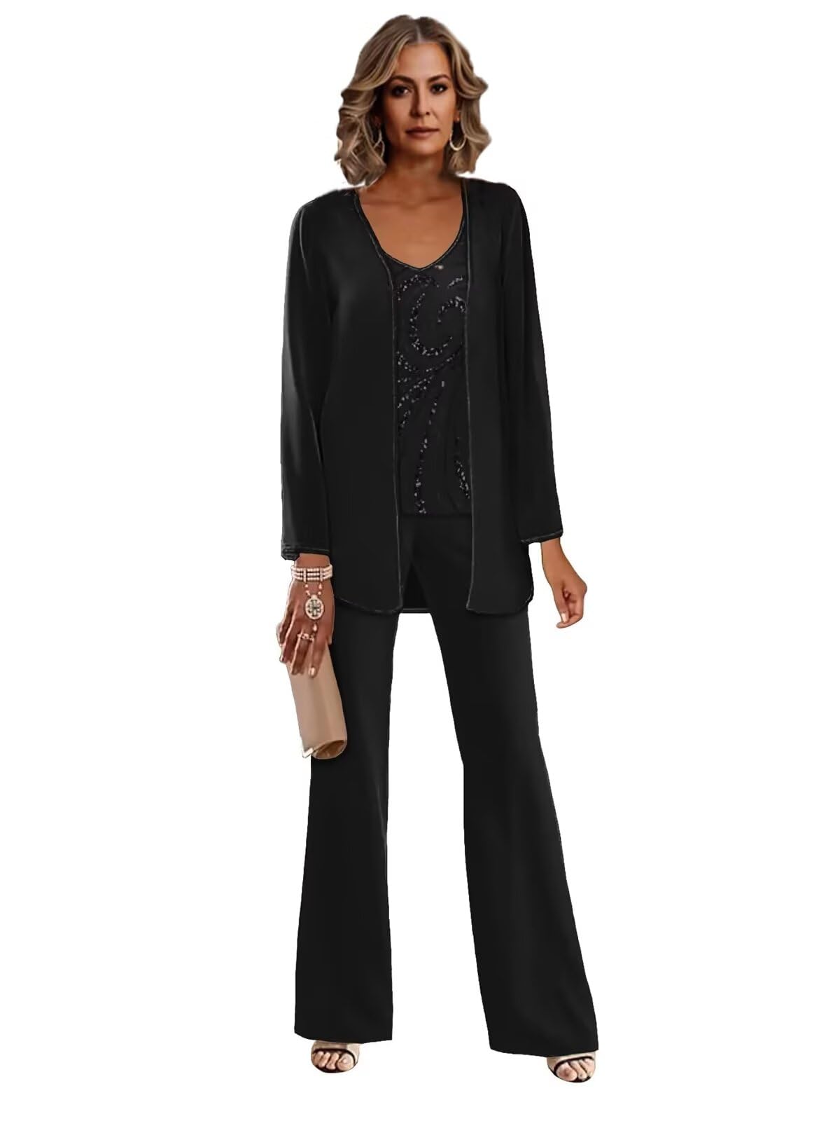 3 Piece Mother of The Bride Pantsuits for Wedding Chiffon Lace Sequins Formal Evening Party with Jacket