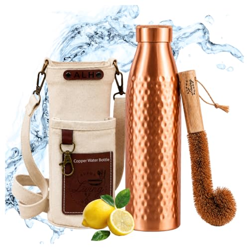 Image of Pure Copper Water Bottle 32 Oz with Carry Bag & Cleaning Brush, Wide Mouth Leak Proof Ayurvedic Drinking Bottle, Reusable Copper Bottle for Home Office Gym Travel
