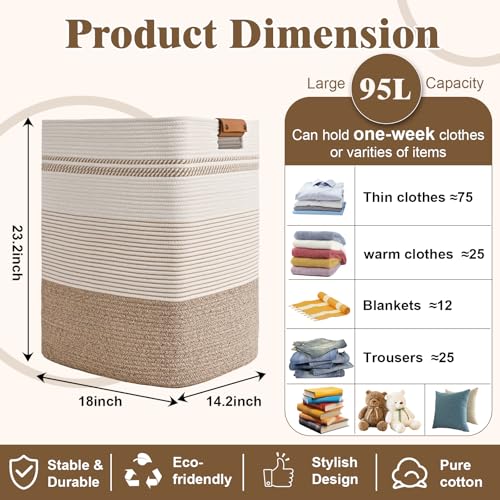 Image of Laundry Hamper, 95L Tall Laundry Basket with Leather Handles, Rectangle Large Clothes Hamper for Organizing, Cotton Woven Laundry Baskets Storage Hampers for Bedroom, Nursery, Living Room