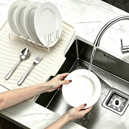 Image of EBIGIC Silicone Dish Drying Mat,19.7 inch*17 inchDish Drying Pad ,Kitchen Accessories,with Built-In and Non-Slip Drain,Easy Clean, Fit for Kitchen, Bar, RV, Refrigerator and Drawer Liner, Off White