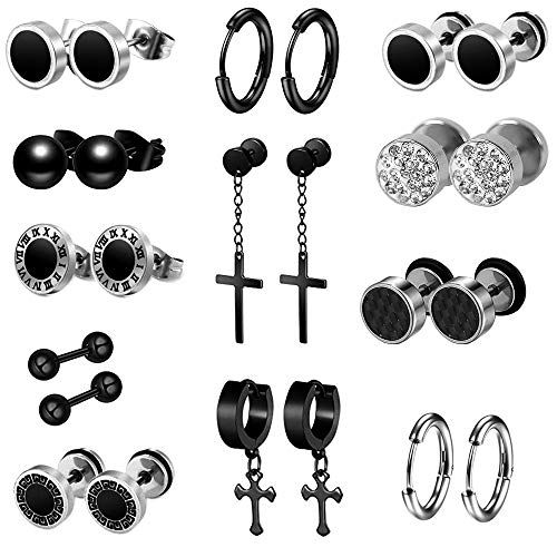 Thokono 12 Paare Creolen Ohrringe Set Edelstahl für Damen männer, modeschmuck Ohrstecker Stecker Ohrschmuck, Fake Ohrplug Fakeplugs Tunnel Runder Coole Hoop Piercing ohrring kreuz set Silber Schwarz Cover