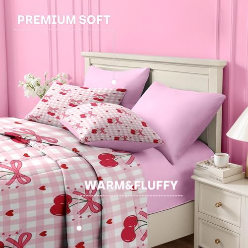 Image of Nesker Bow Comforter Set Twin Size, 5 Pieces Bed in a Bag, Pink Bow Bedding Set for Girls, Gingham Cherry Coquette Comforter Set with 1 Pillowcase & 1 Sham