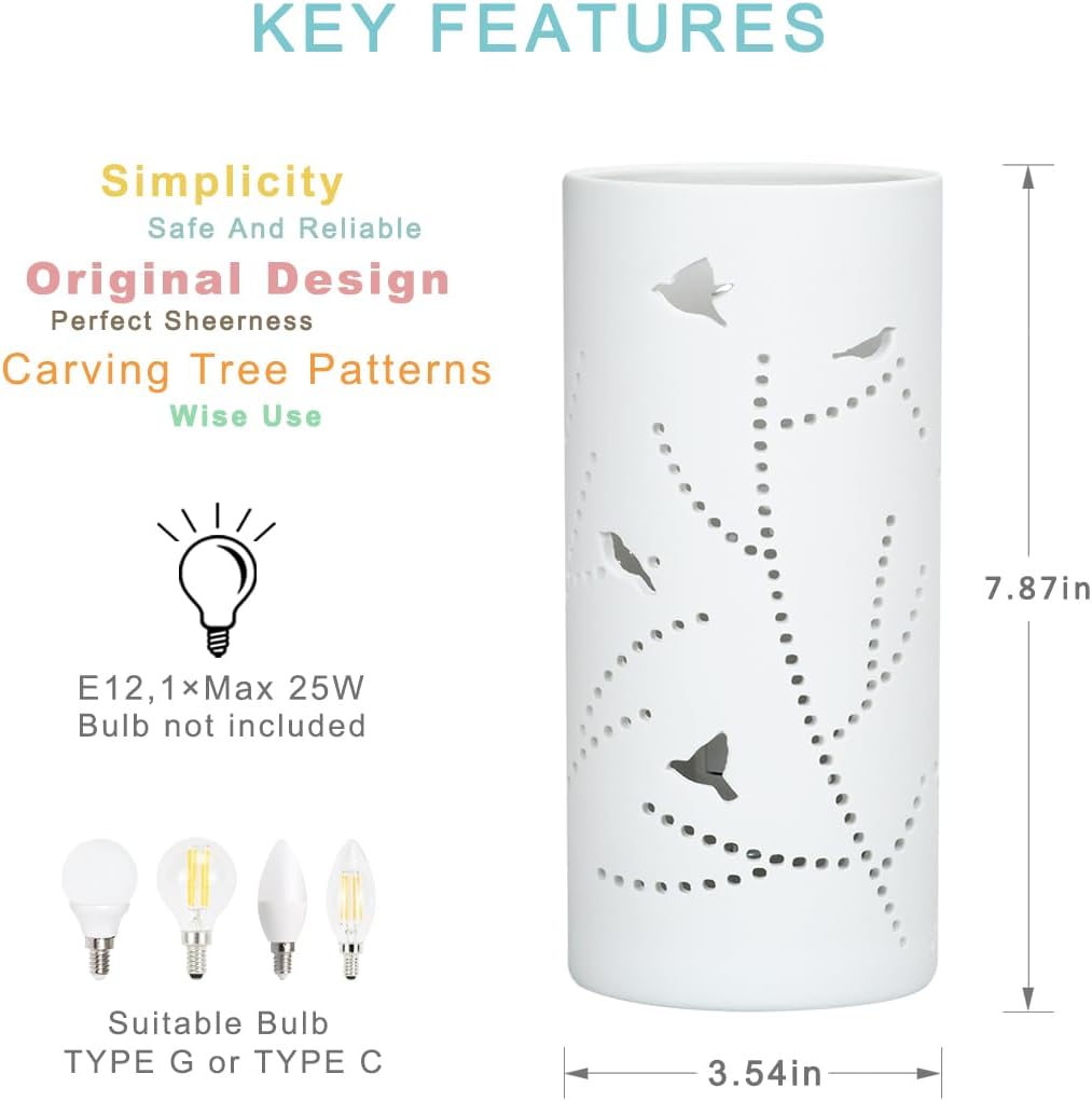 Lampwell Dana Small Modern Ceramic Table Lamp, White, 3.54H7.87IN, Bulb Excluded, Carving Tree