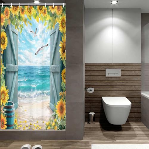 Grtuspr Blauer Strand-Duschvorhang mit Scheunentür, Ozean, Küste, Meer, Duschvorhänge, rustikale Sonnenblume, Bauernhaus, Holzplanke, Western-Retro-Naturpflanze, wasserdichter Stoff,