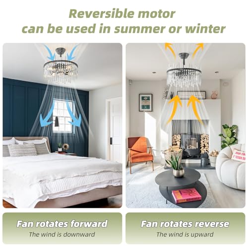 Image of Black Fandelier Ceiling Fans with Lights, Crystal Chandelier Ceiling Fan with Light Remote Control, Mid Century with 6 Speeds for Bedroom, Living Room