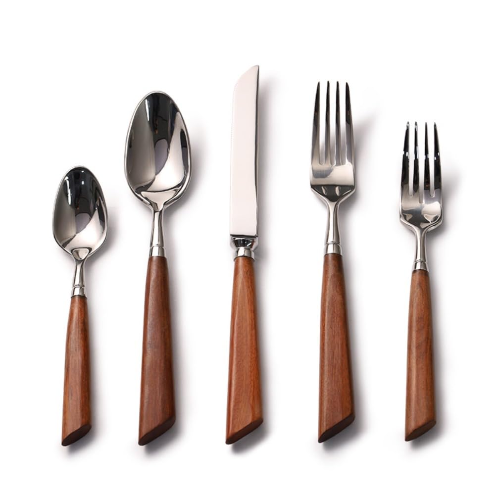 Rosso Cannella Legno Manico Cucina Acciaio Inox Argenteria Stoviglie Posate Set Bistecca Coltello Forchetta Cucchiaio Cucchiaino (Argento,5 pezzi)