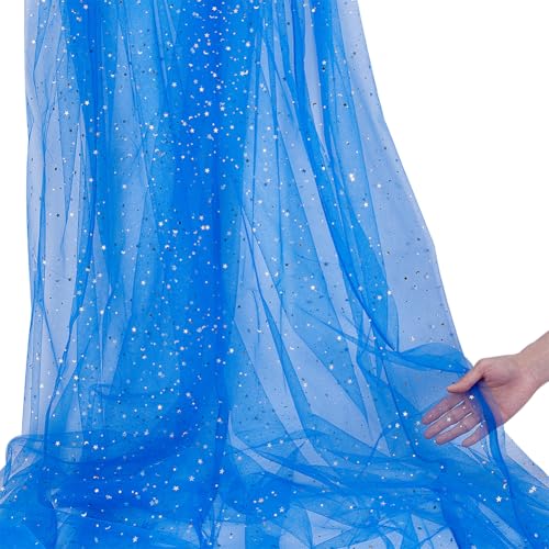 NBEADS 5.49mx150cm Rouleau de Tulle Pailleté, Maille Polyester à Motif Étoiles et Lune pour Toiles de Fond de Mariage Décorations de Fête Bricolage Artisanat Drapage de Maison, Bleu Royal