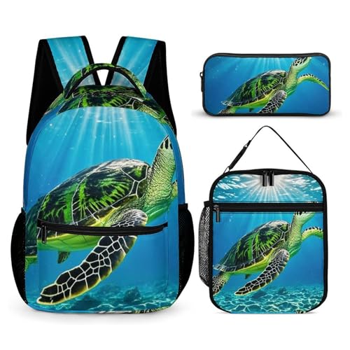 Turtle Swimming in The Sea Backpack Set 3 Piece, Durable Backpack Insulated Lunch Bag Portable Pencil Case for Men Women