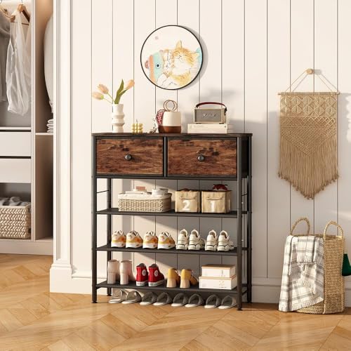 Image of INGIORDAR Shoe Rack Organizer 5 Tier Metal Organizer Shelf with Industrial MDF Board and Layer Fabric for Entryway Closet Bedroom Living Room Garage (Black+Rustic Brown, 4 Tier with 2 Drawers)