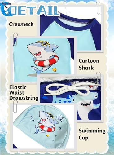 Toddler Boys Blue Shark Swimsuit - Kid Cute Bathing Suit Short Sleeve Shirt Trunks Hat Rash Guard Swimwear 3Pcs Set3