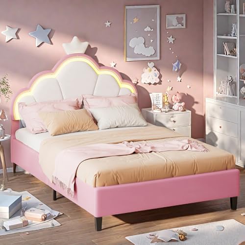 Cama princesa con led ajustable, cama 90x200 niña, camas individual acolchada 90 x 200 cm, camas niña con somier de listones y cabecera de camas ajustable, decoración de corona, terciopelo, rosa