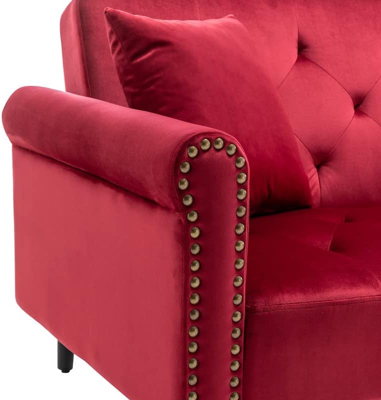 Palma Mid-Century Modern Sofa Bed with Ottoman and 2 Accent Pillows in Red Velvet