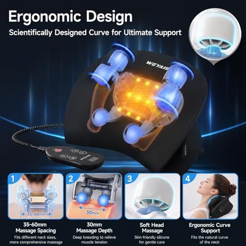 weyais Neck Massager Pillow, Neck and Shoulder Relaxer with Heat, 3 Modes and Strengths, Neck Massager for Pain Relief Deep Tissue, Remote Control, Gifts for Mom Dad Friends, Ultra Black — view 3