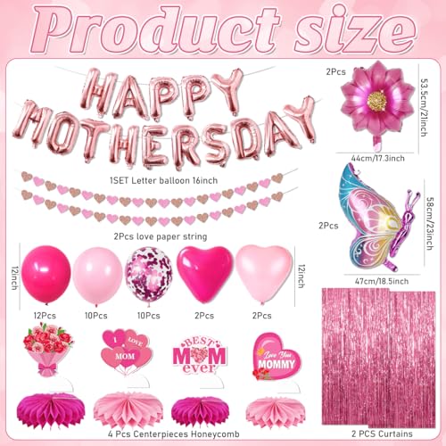 Image of Mothers Day Decorations,63PCS Happy Mothers Day Balloons and Flower Heart Balloons,Fringe Curtains,Best Mom Ever Honeycomb Centerpieces for Girls Women Mom Party Supplies Celebrating Ladies Decor