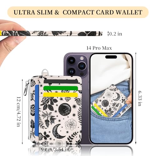 Image of Hancynir Goth Moon Floral Slim Wallet Women Credit Card Holder, RFID Blocking Front Pocket Wallet Wristlet Keychain Lanyard, Small Cute Mini Card Case, Thin Travel Zipper Coin PU Leather Ladies Gifts