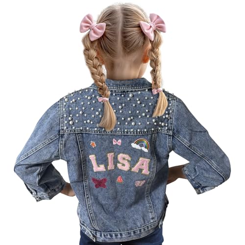 Personalized Denim Jacket for Girls with Name, Custom Chenille Patch Jean Jacket for Toddler Kids, Back to School