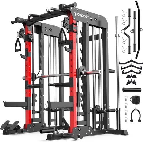 Pooboo Multi-Functional Machine Power Cage, 2000LB Squat Rack, LAT-Pull Down System, Dual Pulley Cable Crossover System, Home Gym Workout Machine with Strength Training Attachments(P43-Pro)