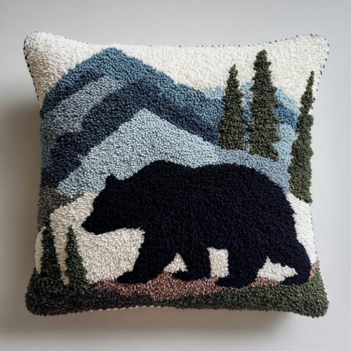 DIY Latch Hook Pillow Kit Black Bear with Grey Mountains Easy for Beginners Color-Stamped Canvas Cushion 43x43cm Sofa Bedroom Decor Craft-1