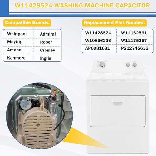 Image of Upgrade W11428524 W11162561 Washing Machine Run Capacitor Compatible with Whirlpool Kenmore Maytag Crosley Amana Replace W10866238 W11175257 AP6981681 PS12745632 EAP12745632
