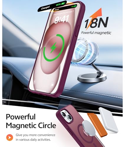 Image of FNTCASE for iPhone 15 Case: for iPhone 14 Case & iPhone 13 Case [Compatible with Magsafe] Translucent Matte Cases with [Screen Protector] Military Grade Shockproof Protective Phone Cover - Wine Red