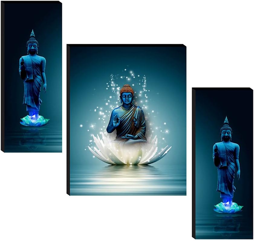 SAF Religious Sitting Buddha on Lotus wall painting for living room with frame, 12 inch X 18 inch, Set of 3, multicolor