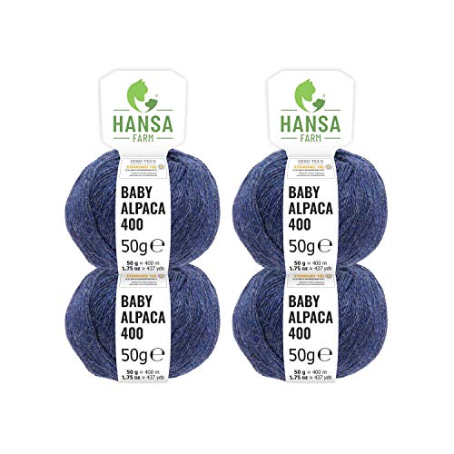 HANSA-FARM 100% Lana de Alpaca en más de 50 Colores (no Pica) - Set de 200g (4X 50g) - Suave Hilo Baby de Alpaca para Punto y Ganchillo en 6 grosores Azul Marino (Heather)