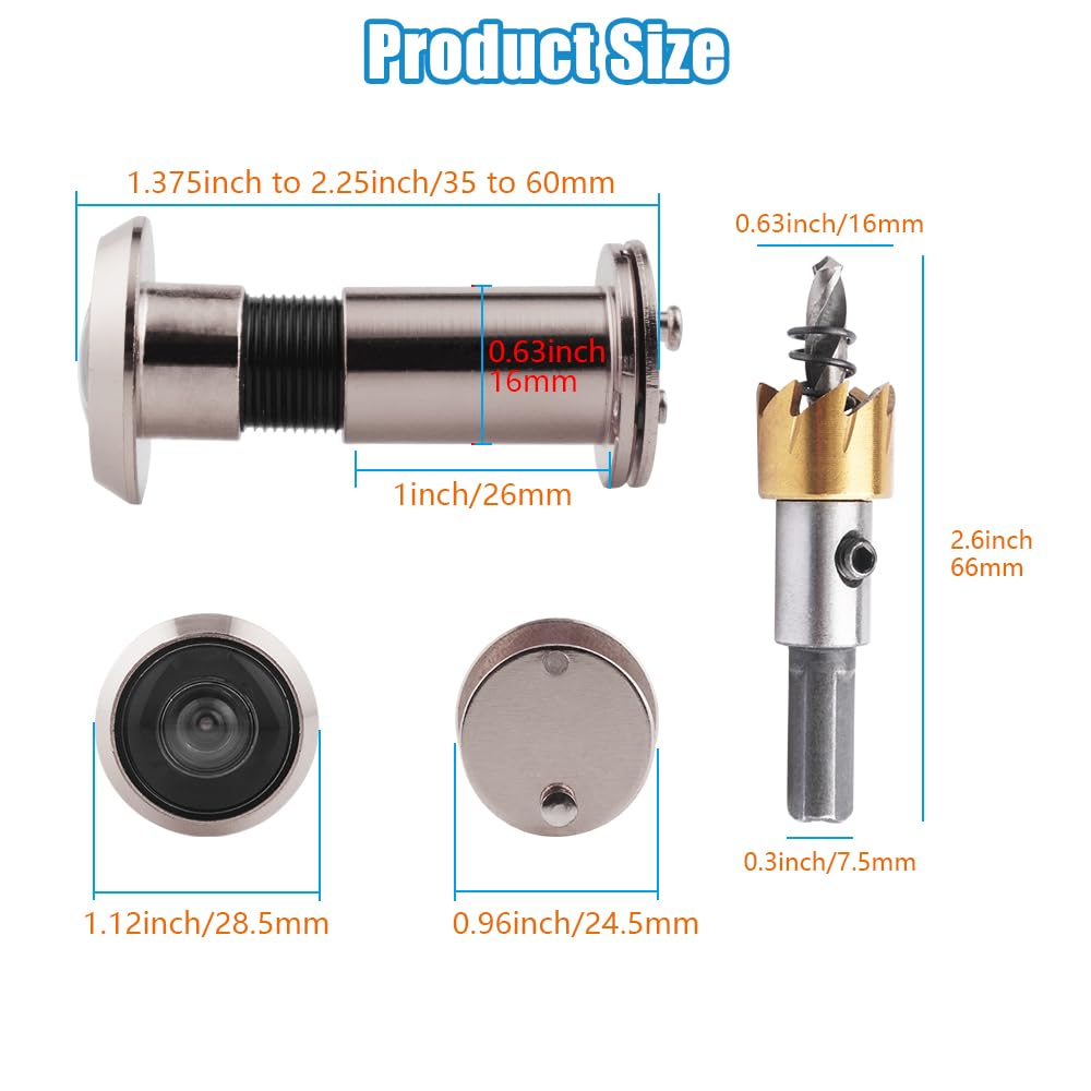 Tahikem Door Viewer Peephole, Door Viewers with 0.63inch/16mm Drill Bit Kit, Fits 1-3/8" To 2-1/4" Front Door - Image 2
