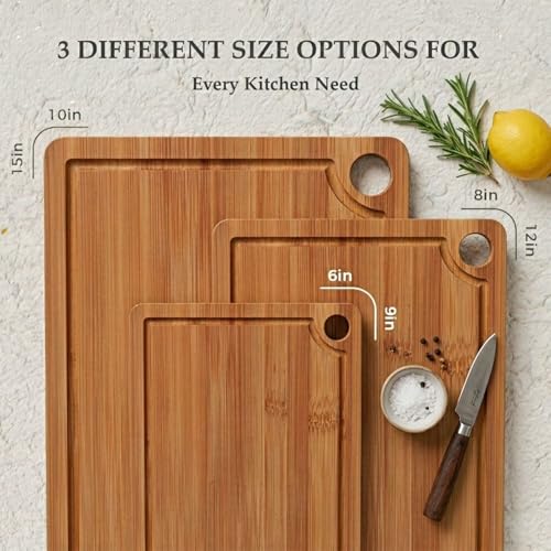Juego de 3 Tablas de Cortar de Bambú con Ranuras para Jugos, Mangos Integrados y Alfombrillas Antideslizantes, Tablas Reversibles de Madera para Preparación de Alimentos en la Cocina: Carne, Verduras, Frutas, Pan y Queso miniatura 2