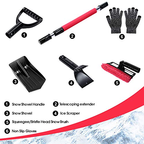 Topmart 5 in 1 Car Snow Brush Kit,Snow Shovel Set with Removable Snow Brush and Ice Scraper,Emergency Snow Removal Car Set,Extendable Telescopic Pole 21.5\"-31.5\",for Car,Camping,Garden - Thumbnail 4